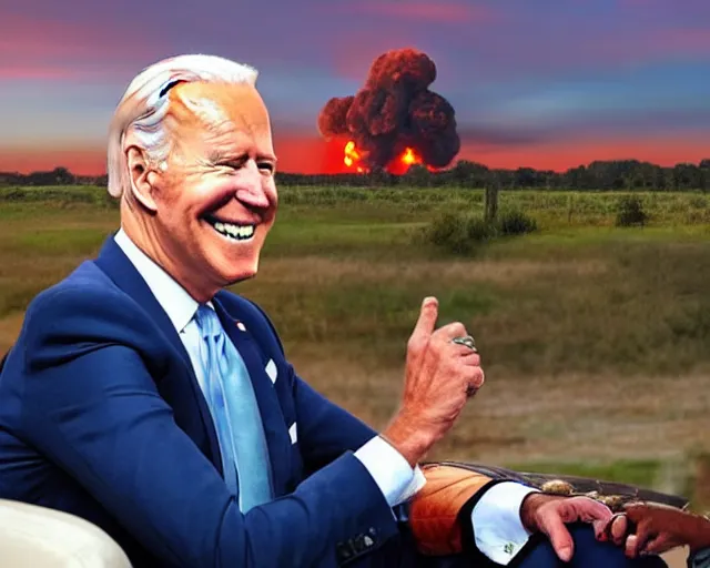 Prompt: Joe Biden watches with laughter as the state of Florida is destroyed in a nuclear explosion in the background, Evil, chaos, ornate, horror, detailed, colorful