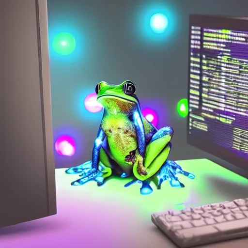 Image similar to frog sitting behind a computer doing a livestream the room is lit by disco lights, photorealistic