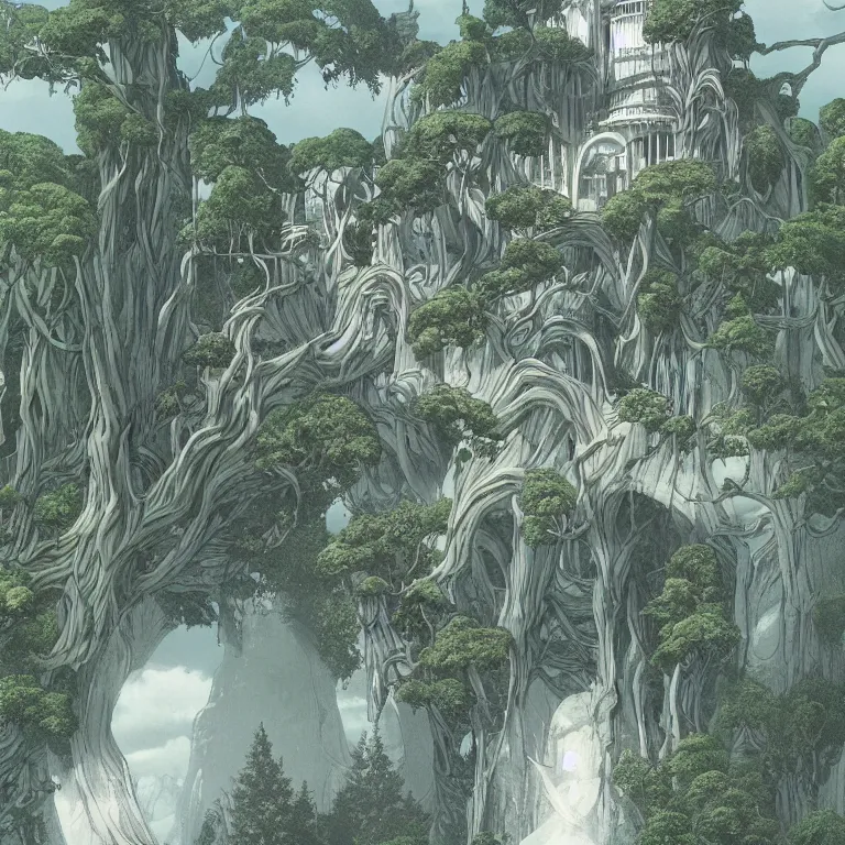 Prompt: a matte painting of a surreal white castle surrounded by exotic trees on a tall mountain by moebius