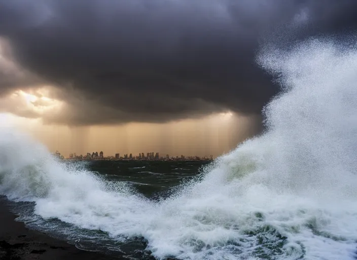 Image similar to Color photograph of a large wave crashing into the Manhattan skyline, doomsday, epic lighting