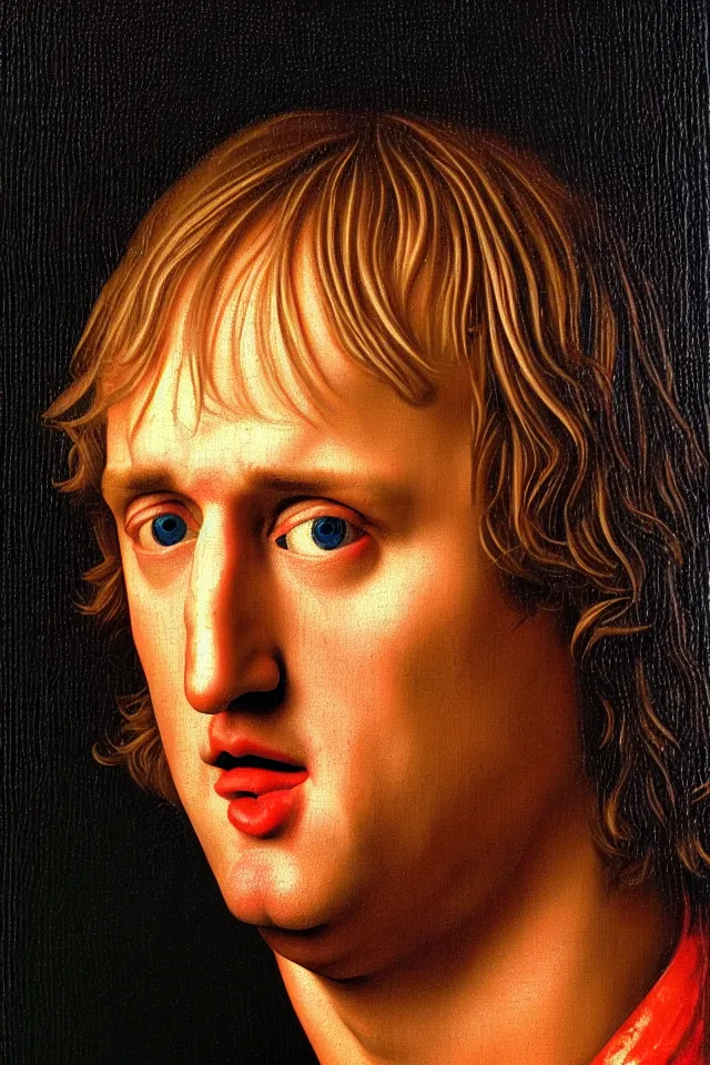 Image similar to bizarre renaissance portrait of owen wilson in a sea of thousands of highly detailed tomatos, dramatic cinematic lighting, 8 k, beautiful intricate pop - art painting