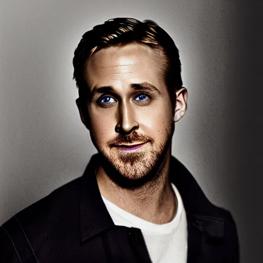 Prompt: Studio photography of Ryan Gosling, blue neon lights behind him