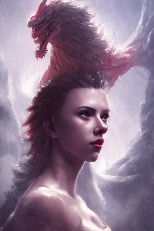 Image similar to a fancy portrait of Scarlett Johansson as a dragon by Greg Rutkowski, Sung Choi, Mitchell Mohrhauser, Maciej Kuciara, Johnson Ting, Maxim Verehin, Peter Konig, final fantasy , mythical, 8k photorealistic, cinematic lighting, HD, high details, atmospheric,