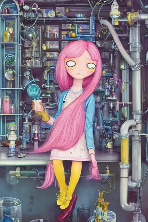 Prompt: highly detailed, industrial portrait of beautiful + cute + attractive adult princess bubblegum from adventure time, bubblegum hair with long straight bangs, sapphire gem headdress, experimenting in her science lab, wearing lab coat, depth of field, illustration, concept art by nicoletta ceccoli, mark ryden, lostfish, detailed and intricate environment, 8 k resolution, hyperrealistic, octane render