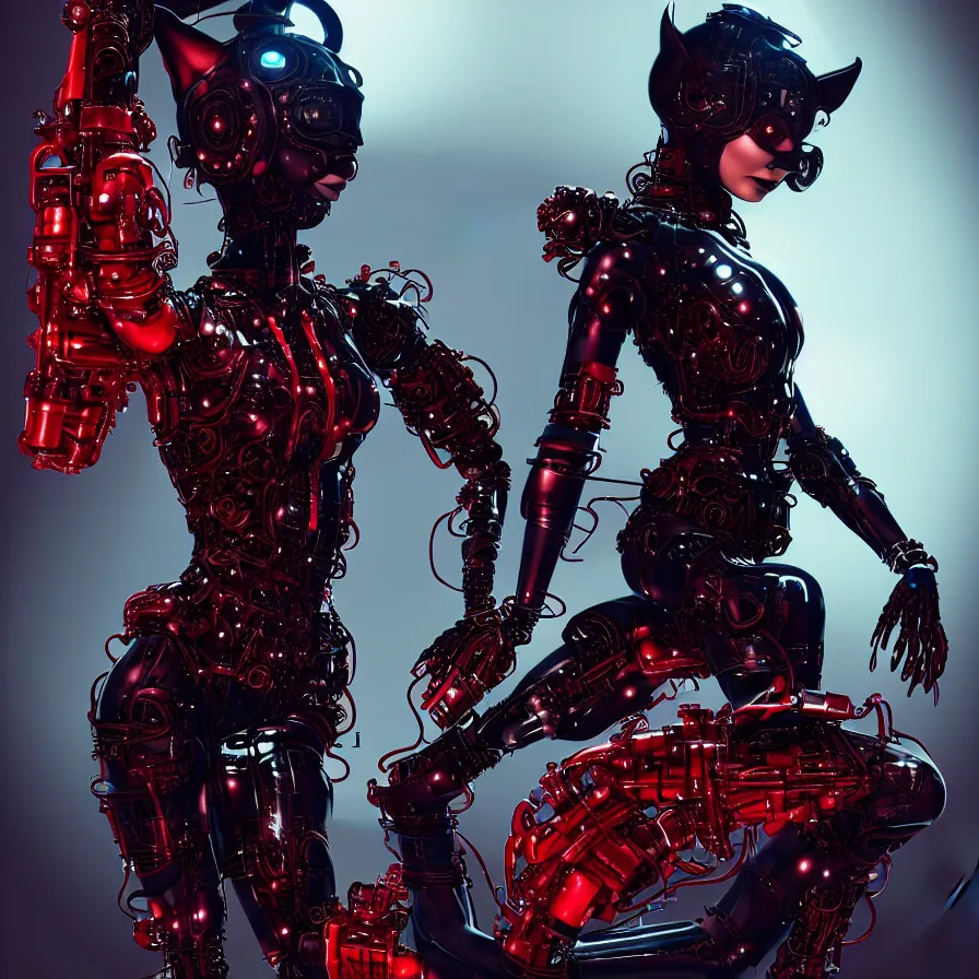 Prompt: bjork in form of catwoman, vogue, red biomechanical, inflateble shapes, wearing epic bionic cyborg implants, masterpiece, intricate, biopunk futuristic wardrobe, highly detailed, artstation, concept art, background galaxy, cyberpunk, octane render