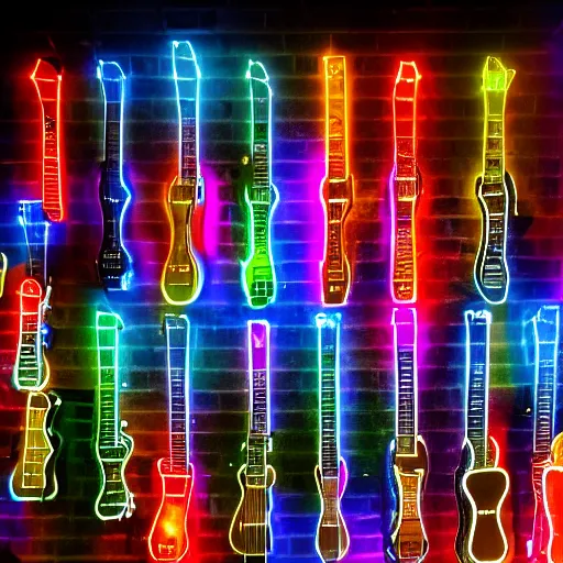Prompt: 8k photo of a giant Wall of guitars. Detailed, neon lights, nikon