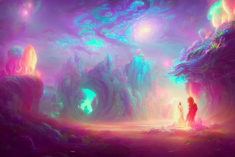 Image similar to a psychedelic realm made entirely out of love and acceptance, astral beings sharing love!!!!, in the style of greg rutkowski! and wlop and lisa frank! and bob ross!!! and ruan jia, illustration, epic, fantasy, hyper detailed, smooth, unreal engine, sharp focus, ray tracing