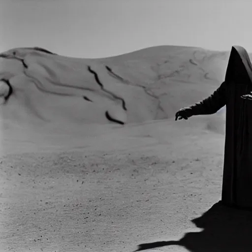 Image similar to a man wearing a long cloak and hood, in the desert, film still, arriflex 3 5