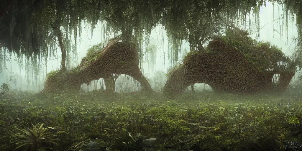 Image similar to a organic house structure made of strange plants, located in a swamp at sunrise, (mist), ultra wide angle, moebius, chillwave, futuresynth, door, windows, fireflies