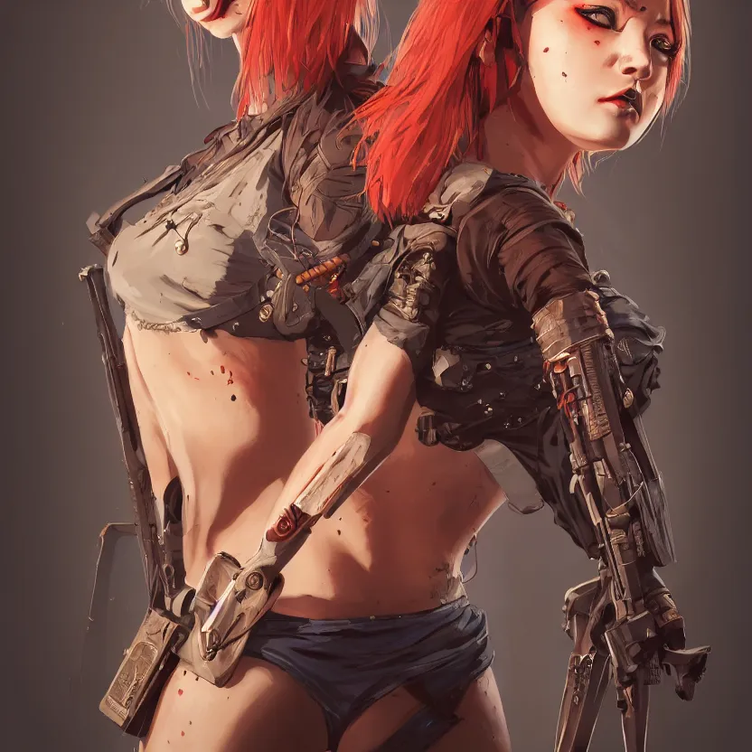 Image similar to full atomic scan face shot of a beautiful warlord girl, in tshirt with her buck knife ready, her morbid interests, irish, by saruei and guweiz and ilya kuvshinov and george miller, digital art, highly detailed, intricate, sharp focus, trending on artstation hq, deviantart, pinterest, unreal engine 5, 4 k uhd image