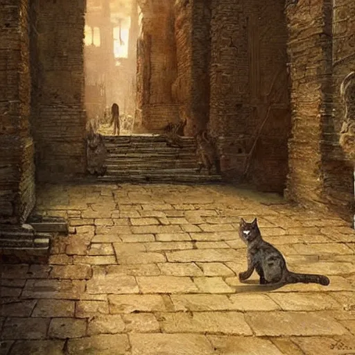 Image similar to cat - canibal walking on ancient city, very detailed fine art, top of pinterest, trend of artistation, style of ( ( ( ( ( greg rutkowski ) ) ) ) )