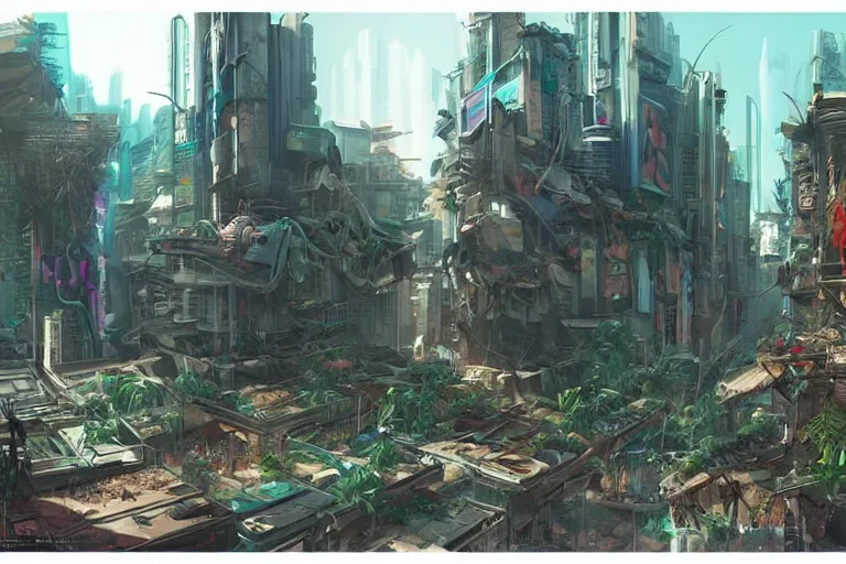 Image similar to a cyberpunk city in ruins, jungle plants overgrowing the streets and buildings, cats!! run through the ruins, drinking from pools of water and climbing on old fallen signs, by artgerm and amano and rutkowski and kincaid, trending on artstation