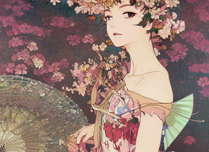 Image similar to oil painting, long shot, beautiful floralpunk japanese bio mechanical female illustration detailed patterns art of japan traditional dress, flower pop art, floral splash painting, art by ashley wood, alphonse mucha, makoto shinkai, geof darrow, dark shadow