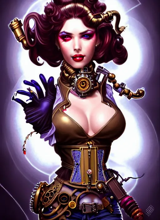 Image similar to front portrait of attractive Lady Mechanika with wavy hair using white gloves and retro guns, Intricate steampunk imagery , D&D!, fantasy style, sharp focus!, ultra detailed, art by Artgerm and Peter Andrew Jones, WLUP