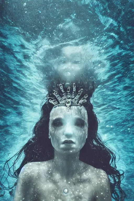 Prompt: dark underwater portrait of the moon queen of the ocean