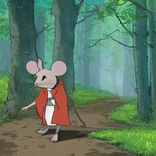 Image similar to an anthropomorphic mouse dressed in medieval clothing, studio Ghibli, walking through a lush forest