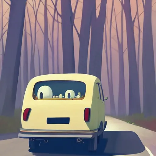 Image similar to goro fujita ilustration rear view of a car equipped with suitcases heading to the forest on a sunny day, painting by goro fujita, sharp focus, highly detailed, artstation