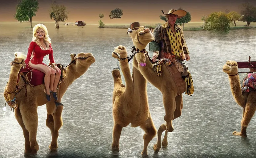 Image similar to Dolly Parton and scooby doo riding camels in Slough. walking on water, photorealistic