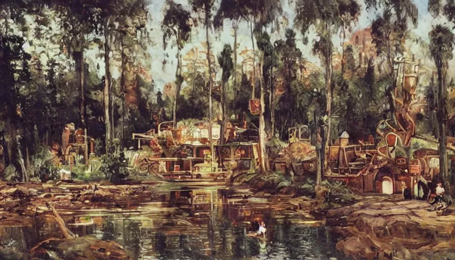 Image similar to artwork painting of willy wonka's chocolate factory by eugene von guerard, ivan shishkin, john singer sargent