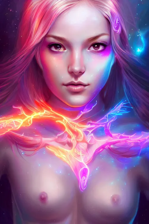 Image similar to a photographic portrait of an attractive young girl, partially clothed in ethereal armor, surrounded by colorful transparent plasma, emitting psychic powers, beautiful bone structure, perfectly proportioned face, perfect eyes, intricate, elegant, highly detailed, hyper detailed, trending on tumblr, by artgerm, by loish, fantasy scene, fantasy aesthetic, trending on Artstation