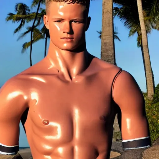 Image similar to a realistic detailed photo of a guy who is an attractive humanoid who is half robot and half humanoid, who is a male android, football player christian mccaffrey, shiny skin, posing like a statue, blank stare, by the beach, on display