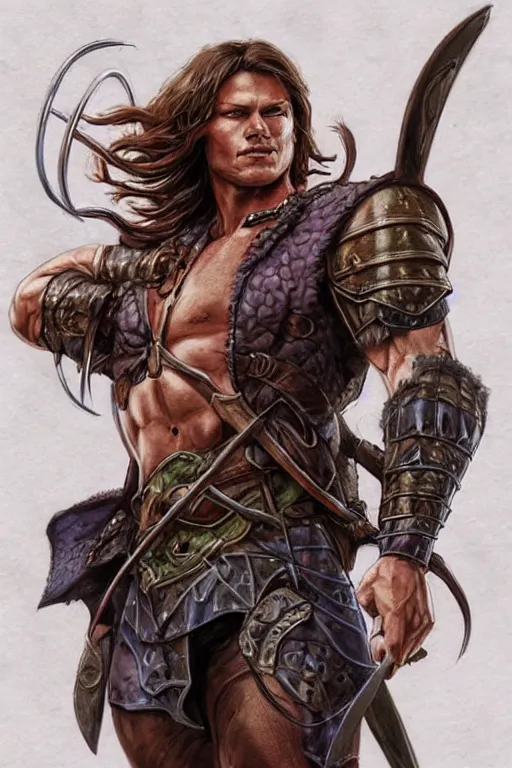 Image similar to portrait of pretty muscular sam winchester as a irish warrior mage alternative universe, muscular body tattooed, d & d!, fantasy style, sharp focus!, ultra detailed, art by artgerm and peter andrew jones, wlop