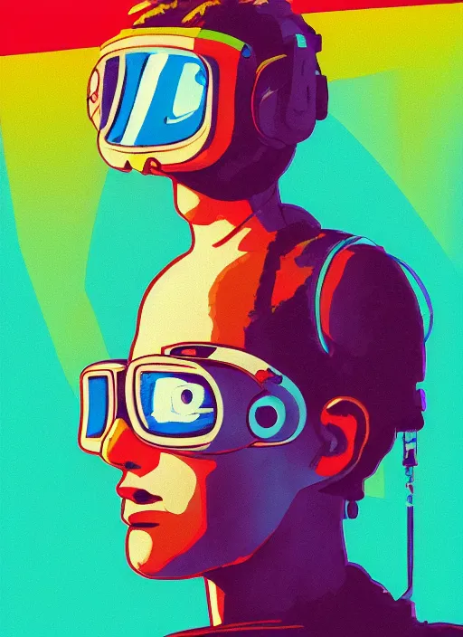 Prompt: a transparent glass movie poster portrait of a young explorer wearing a cyberpunk headpiece playing video games, risograph by ghostshrimp, daniel james bandit, josan gonzalez, moebius and edward hopper, colourful flat surreal design, super detailed, a lot of tiny details, fullshot, xray hd, 8 k, artstation