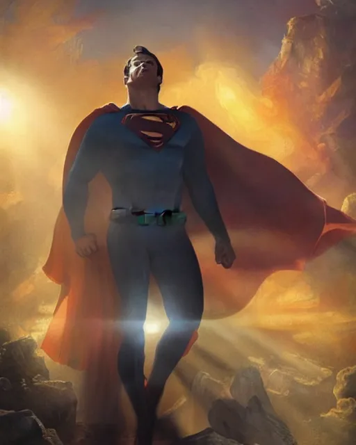 Prompt: superman emerging from the sun, lens flare, elegant, orange yellow ethereal, horror, fantasy art by greg rutkowski and magali villeneuve and claude monet, realistic face