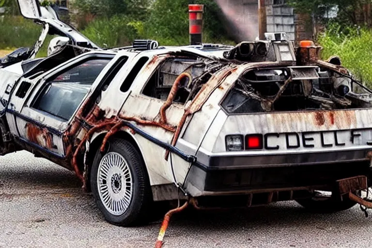 Image similar to rusty, derelict 2 0 2 2 delorean time machine being dragged by a tow truck