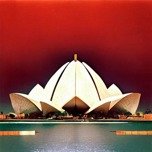 Image similar to futuristic lotus temple space station with gold, red and white marble panels, by buckminster fuller and syd mead, intricate contemporary architecture, photo journalism, photography, cinematic, national geographic photoshoot