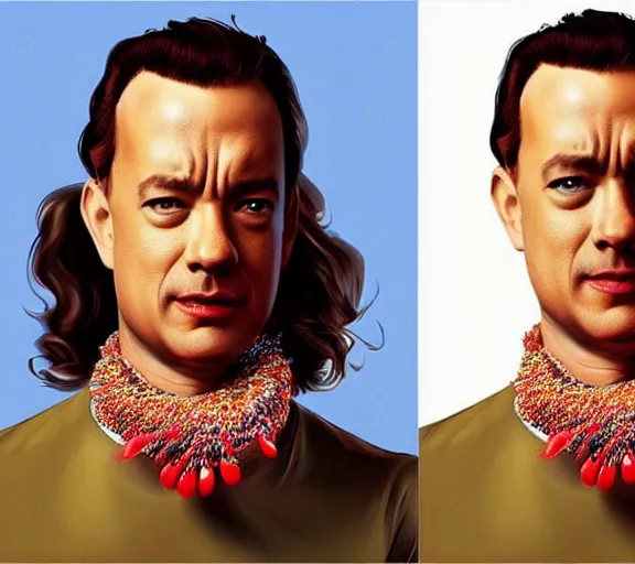 Image similar to Tom hanks as forrest gump wearing a necklace of shrimps around the neck, realistic face, digital art, in the style of Aleksi Briclot, amazing detail, artstation