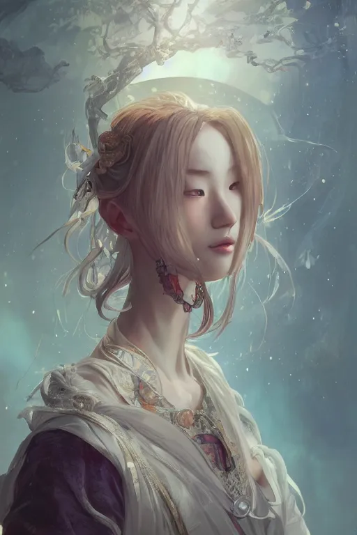 Image similar to portrait ayaka genshin, in ruined fantasy world Sunrise, ssci-fi, fantasy, intricate, very beautiful and elegant, highly detailed, digital painting, artstation, concept art, smooth and sharp focus, illustration, art by tian zi and WLOP and alphonse mucha