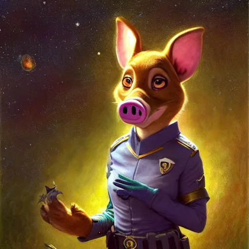 Image similar to a female pig canine in starfleet uniform at night in a dark forest. zootopia fursona furaffinity furry art detailed face painting by gaston bussiere craig mullins jc leyendecker gustav klimt artgerm greg rutkowski furry