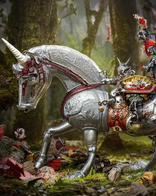 Image similar to highly detailed closeup of a tin toy unicorn in a fairytale forest, depth of field, fashion photoshoot by hyung tae, frank frazetta, bosch, giger, breathtaking, detailed and intricate environment, 8 k resolution, hyperrealistic, octane render