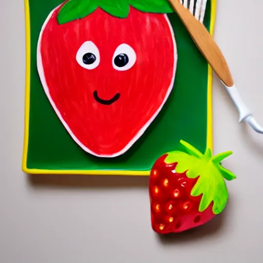 Image similar to a cute strawberry with two front teeth, holding a yellow toothbrush, in the style of debbie criswell