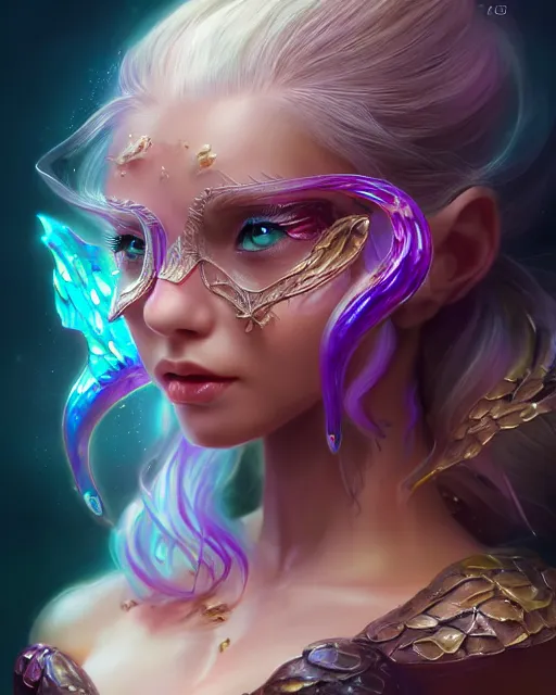 Image similar to cute female woman dragon chimera of iridescent liquid, alchemy, shiny plastic, intricate, bloom, detailed, volumetric lighting, sharp focus, photorealism, digital painting, highly detailed, concept art, by by artgerm and wlop