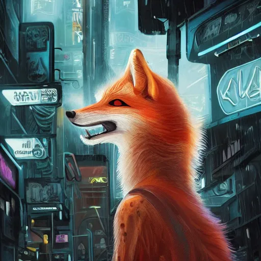 Image similar to furry anthropomorphic female vulpes vulpes fulva with white fur eating noodles by a noodle kiosk in the crowded street of a city, cyberpunk, rain, harsh neon lights, highly detailed, digital painting, trending on artstation, concept art, sharp focus, illustration, art by artgerm and greg rutkowski and magali villeneuve