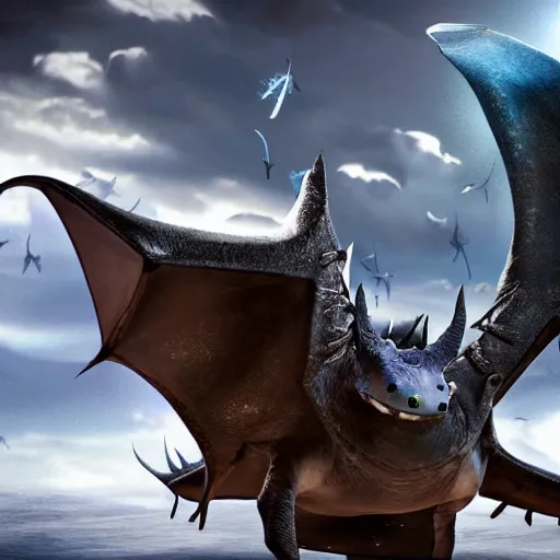 Image similar to a stardust dragon with mantaray wings and a stingray tail flying through an old viking village filled with vikings and other dragons, cgi, in the style of how to train your dragon, cinematic, high resolution, movie, film, animated film, cgi