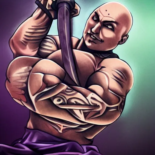 Image similar to muscular bald man, tattooed body, sword in hands, HD, anime style,