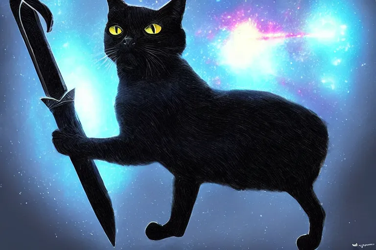 Prompt: a black cat holding a sword of galaxy, magic, digital art, glowing effect , concept art trending on artstation ,