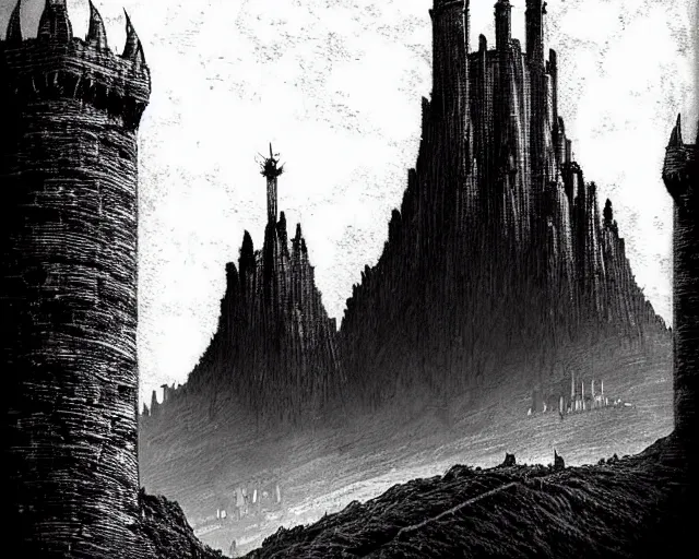 Prompt: dark tower. wall upon wall. battlement upon battlement. black. immeasurably strong. mountain of iron. gate of steel. tower of adamant. towers and battlements tall as hills founded upon a mighty mountain-throne above immeasurable pits. great courts and dungeons. eyeless prisons sheer as cliffs and gaping gates of steel and adamant