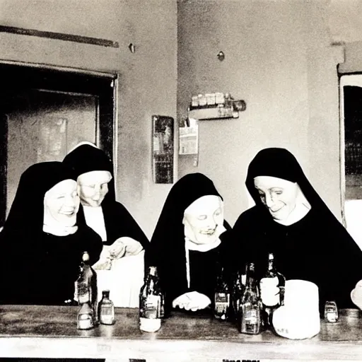 Image similar to a group of nuns enjoying themselves at a dive tavern, low light, Smokey haze above, whiskey bottles, by Norman Rockwell