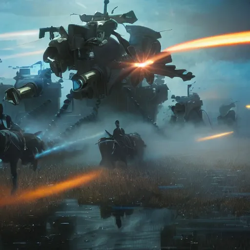 Prompt: The charge of the light brigade with robotic horses, steampunk, dramatic lighting, heavy weapons fire, light fog, by Makoto Shinkai and Ruan Jia