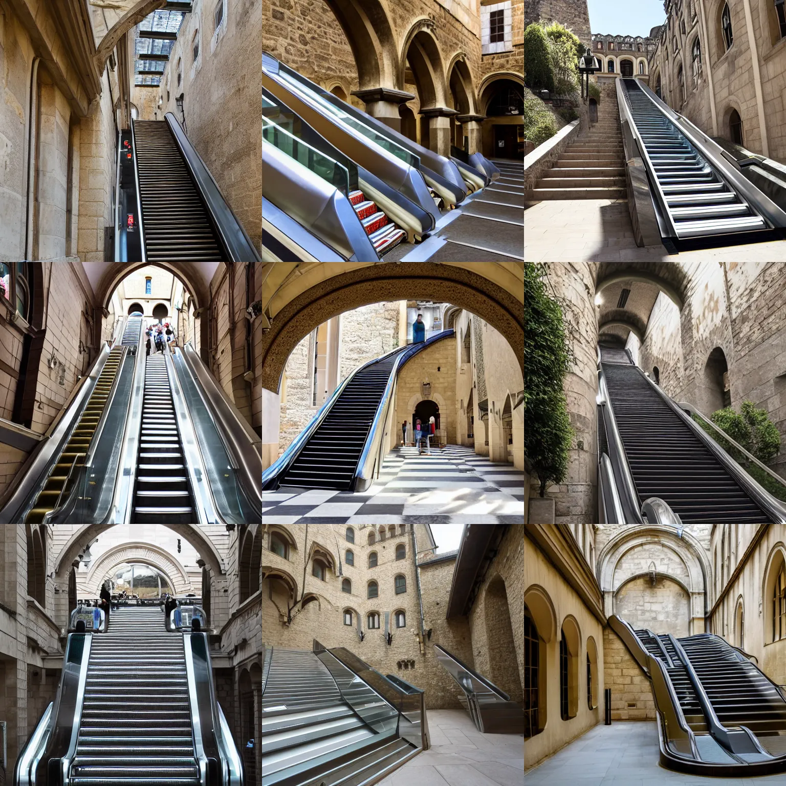 Prompt: a modern escalator in a castle courtyard