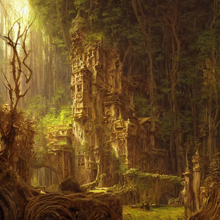 Image similar to a detailed painting inspired by moebius and beksinski of a great luxurious medieval building in the forest. fantasy poster. cinematic fantasy scene. aurora lighting. fantasy. carl spitzweg. baroque elements. baroque element. intricate artwork by caravaggio. oil painting. award winning. dramatic. trending on artstation. 8 k