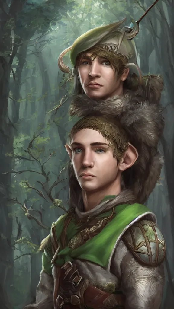 Image similar to beautiful strong male elf archer portrait, magical forest background, trending on artstation, award - winning