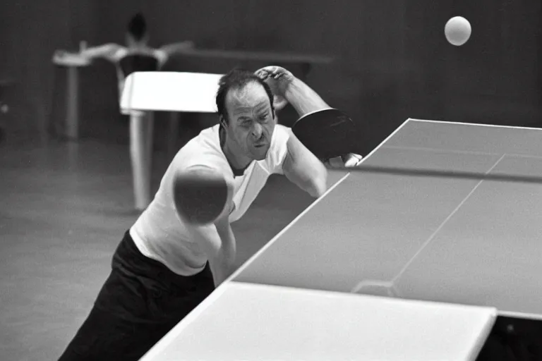 Image similar to very sweaty man playing ping pong, cookbook photo, in 1 9 9 5, y 2 k cybercore, industrial low - light photography, still from a ridley scott movie