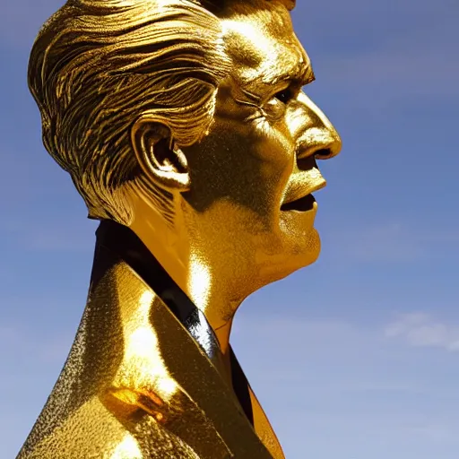 Image similar to donald trump golden statue starting to melt, drips of molten metal ground angle, uhd 8 k, sharp focus