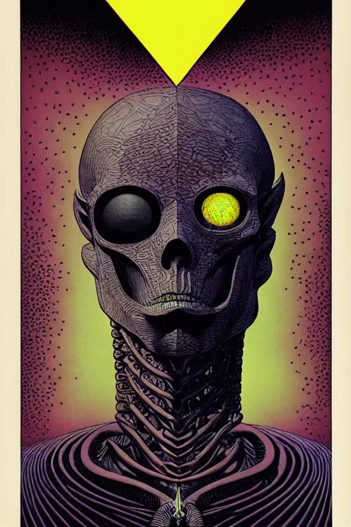 Image similar to portrait of black and psychedelic grainshading print by moebius, richard corben, wayne barlowe, cyberpunk comic cover art, psychedelic triangular skeleton, very intricate, thick outline, full body, symmetrical face, long black crown, in a shapes background, galactic dark colors