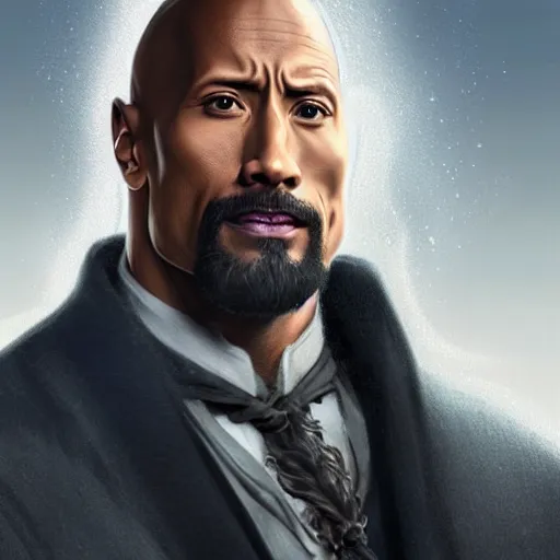 Image similar to Dwayne Johnson as Albus Dumbledore, western, D&D, fantasy, intricate, elegant, highly detailed, digital painting, artstation, concept art, matte, sharp focus, illustration, art by Artgerm and Greg Rutkowski and Alphonse Mucha